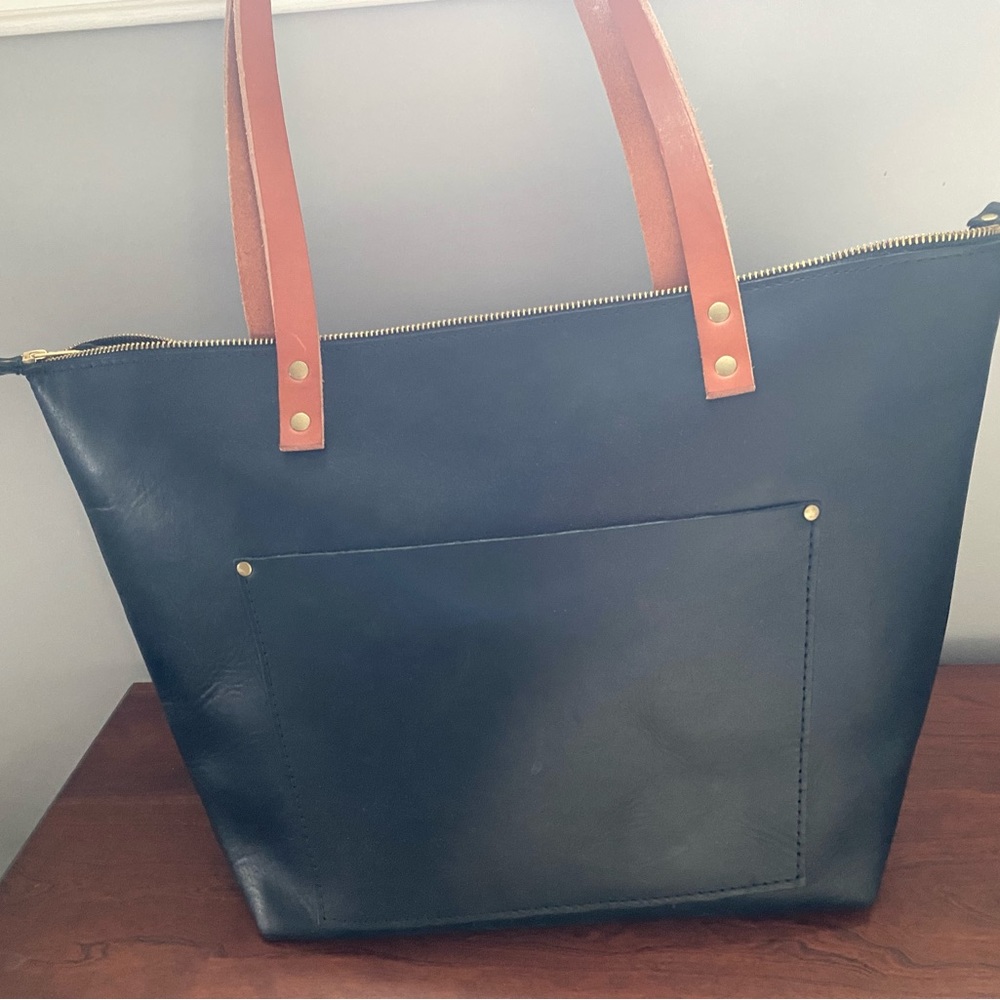Portland Leather Large zippered Premium Tote. Black with tan handles.